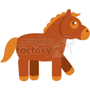 The clipart image depicts a simplified, cartoon-like illustration of a brown horse. It features a solid-colored body with a slightly darker mane and tail and a lighter brown muzzle and hooves. The horse has a friendly appearance characterized by its large, round eyes and a playful, upright tail.