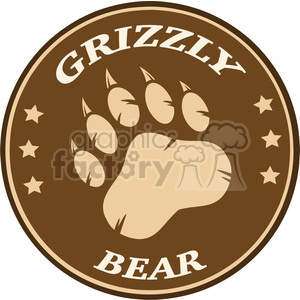 The image appears to be a stylized logo featuring a bear paw print. The design is circular with the words GRIZZLY BEAR prominently displayed along the upper and lower edges of the circle, respectively. The bear paw print is in the center with five toe prints and one larger palm print. Surrounding the paw print are stars of varying sizes, which add to the emblematic nature of the logo. The entire image utilizes a two-tone color scheme.