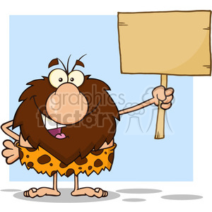 Cartoon caveman character holding a blank wooden sign.