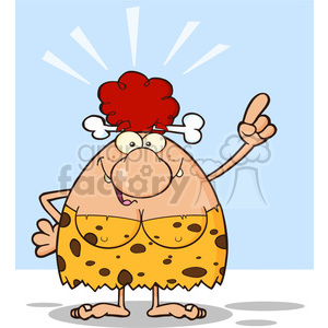 A cartoon of a funny cavewoman with a humorous expression, wearing a yellow spotted dress and a bone in her red hair, pointing upward.