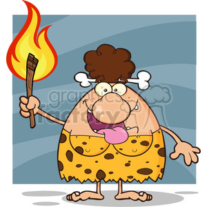 A humorous cartoon depiction of a cavewoman with a bone in her hair, wearing a leopard print dress and holding a torch.