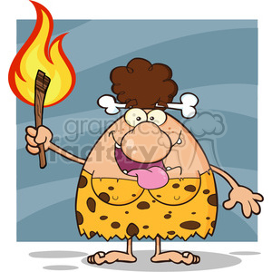smiling brunette cave woman cartoon mascot character holding up a fiery torch vector illustration