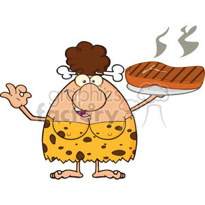 10028 brunette cave woman cartoon mascot character holding up a platter with big grilled steak and gesturing ok vector illustration
