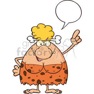 smiling cave woman cartoon mascot character pointing with speech bubble vector illustration