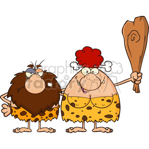 A humorous cartoon depicting a caveman and a cavewoman. The caveman has a large beard and a grumpy expression, while the cavewoman has red hair and is holding a club.