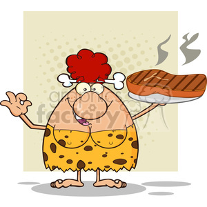 10073 red hair cave woman cartoon mascot character holding up a platter with big grilled steak and gesturing ok vector illustration