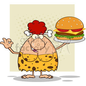 Cartoon depiction of a cavewoman character holding a large hamburger on a plate, wearing a spotted dress with a bone in her hair.