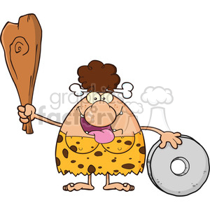 happy brunette cave woman cartoon mascot character holding a club and showing whell vector illustration