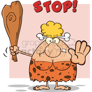 A humorous cartoon depiction of a cavewoman holding a club and gesturing 'stop' with her hand. She has a bone in her hair and is wearing a spotted dress.