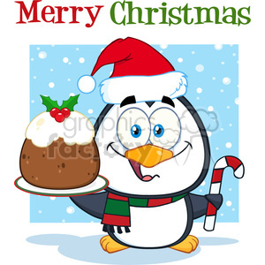 A cheerful penguin wearing a Santa hat and scarf, holding a plate with a Christmas pudding and a candy cane. The background features falling snow, and the text 'Merry Christmas' is displayed at the top.