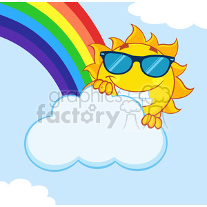 royalty free rf clipart illustration smiling summer sun mascot cartoon character with sunglasses hiding behind cloud with rainbow vector illustration with background