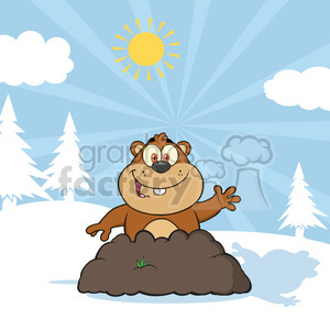 A cheerful cartoon groundhog popping out of a hole in winter scenery with a sunny sky.