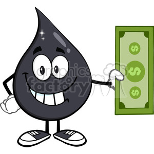 royalty free rf clipart illustration smiling petroleum or oil drop cartoon character holding a dollar bill vector illustration isolated on white background