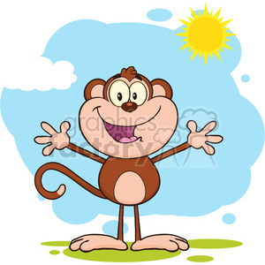 A cheerful cartoon monkey standing on grass with its arms open wide, under a sunny sky with a big yellow sun and white clouds.