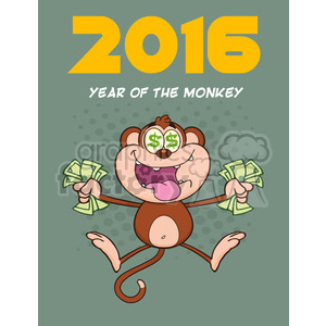 The image depicts a cartoon monkey with symbols of wealth and prosperity. The monkey is illustrated with dollar signs in its eyes, sticking out its tongue, and holding cash in both hands. At the top of the image, the text reads 2016 YEAR OF THE MONKEY, suggesting the image may be related to the Chinese New Year celebration for the year 2016, which was designated as the Year of the Monkey according to the Chinese Zodiac.
