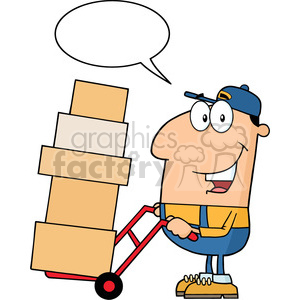 royalty free rf clipart illustration delivery man cartoon character using a dolly to move boxes with speech bubble vector illustration with isolated on white