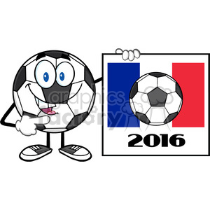 9731 pointing soccer ball cartoon mascot character pointing to a sign with france flag and 2016 year vector illustration isolated on white background