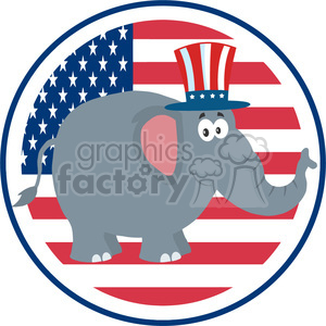 A clipart image of a cartoon elephant wearing an Uncle Sam hat, standing in front of a circle adorned with the American flag.