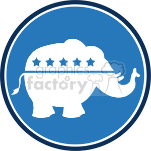 Clipart image of a blue elephant silhouette with five stars on its back, enclosed in a blue circular border.
