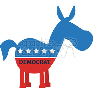 This is a clipart image of a donkey representing the Democratic Party in the United States. The donkey is colored in blue on the top half with white stars, and red on the bottom half with 'DEMOCRAT' written in black text.