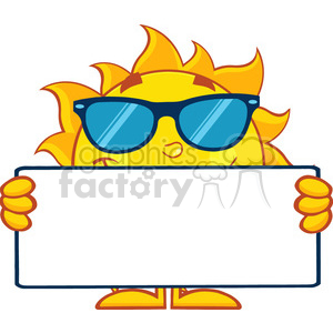10121 cute sun cartoon mascot character with sunglasses holding a blank sign vector illustration isolated on white background