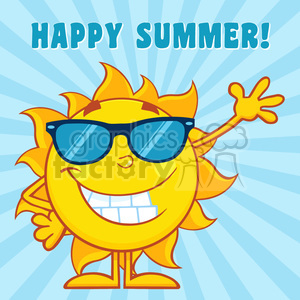 10111 smiling sun cartoon mascot character with sunglasses waving for greeting with text happy summer vector illustration with blue background