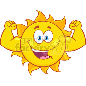 happy sun cartoon mascot character showing muscle arms vector illustration isolated on white background