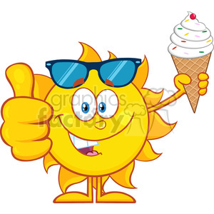 cute sun cartoon mascot character with sunglasses holding a ice cream showing thumb up vector illustration isolated on white background