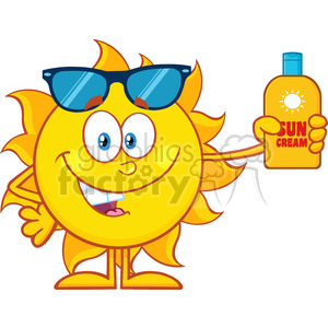 10149 cute sun cartoon mascot character with sunglasses holding a bottle of sun block cream vith text vector illustration isolated on white background