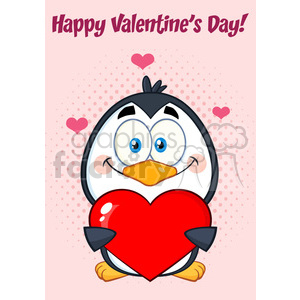 A cute cartoon penguin holding a large red heart with the words 'Happy Valentine's Day' and pink hearts in the background.