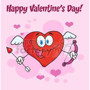 A cheerful heart-shaped character with wings, holding a bow and arrow, symbolizing Cupid, on a pink background with hearts and the text 'Happy Valentine's Day!'.