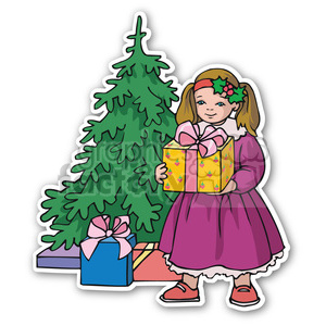 A festive sticker illustration featuring a young girl in a purple dress holding a yellow gift with a pink ribbon, standing beside a decorated Christmas tree with more presents underneath.