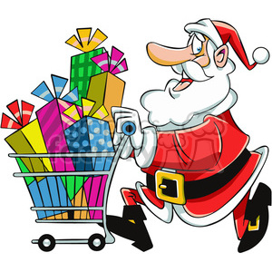 A cheerful Santa Claus pushing a shopping cart filled with colorful wrapped gifts.