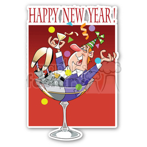 Cartoon illustration of a person celebrating New Year's, sitting in a large cocktail glass with confetti and a party hat.