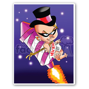 A cartoon baby wearing a top hat and mask riding a striped rocket labeled 'New Year' against a starry background.