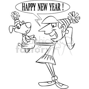 This clipart image depicts a smiling person holding a dog. Both are wearing party hats, and there's a speech bubble saying 'Happy New Year!' above them.