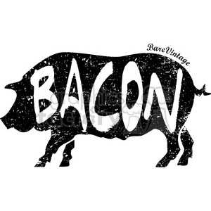 A vintage styled clipart image of a pig silhouette with the word 'BACON' prominently displayed across its body in a distressed, grungy font. The word 'BareVintage' is written in small text towards the top right of the pig.