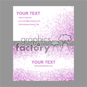 A business card design with a mosaic pixelated pattern in shades of purple. The design features space for contact details including name, phone number, email address, physical address, and website. A customizable template with a modern, digital aesthetic.