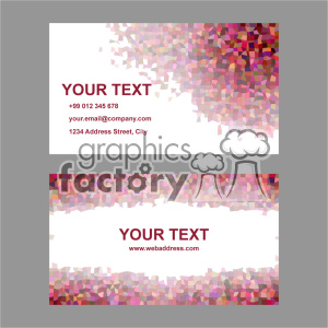 This image features two business card templates with a mosaic pattern in shades of red, pink, and purple. The top card has placeholder text for a name, phone number, email, and address. The bottom card has placeholder text for a name and web address.