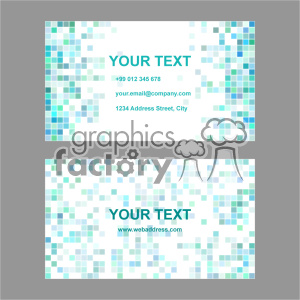 This clipart image features two modern business card designs with a mosaic pattern background. The cards have placeholders for contact information including a phone number, email address, physical address, and website.