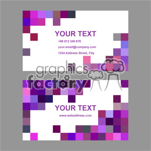 A pair of modern business cards with a mosaic design featuring purple, pink, and gray square patterns. The cards contain placeholders for text, including a phone number, email, address, and web address.