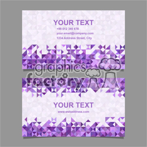 This clipart image depicts a set of two business cards with a modern geometric design in purple shades. Both cards have placeholders for contact details, including phone number, email address, physical address, and a website URL. The background consists of a mosaic of purple triangles in varying shades, creating a visually appealing pattern.