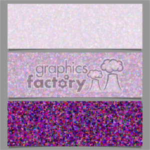 A clipart image featuring three rectangular banners with abstract, colorful, geometric, triangular mosaic patterns. The colors transition from light pastels in the top banner to darker, more vibrant purples and pinks in the bottom banner.