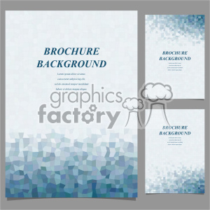 This clipart image features a brochure background design with a mosaic pattern in shades of blue and gray at the bottom. The image includes three variations of the design - one large format and two smaller formats, showcasing different layout options for the text 'Brochure Background' along with sample placeholder text in a clean, sans-serif font.