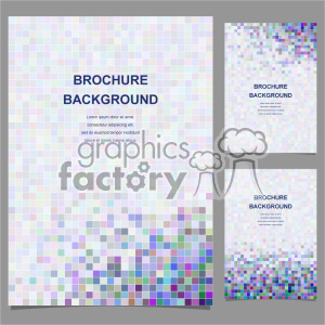 This clipart image showcases three brochure backgrounds with a colorful pixelated design. Each brochure utilizes a grid of small, multicolored squares to create a mosaic effect, with 'BROCHURE BACKGROUND' text prominently displayed in the center. The design features various shades of blue, purple, green, and other colors, arranged in a visually appealing and abstract pattern.