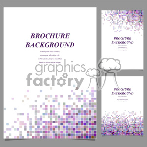 A set of brochure backgrounds featuring pixelated designs with a color palette of purple, blue, and gray. The main layout consists of scattered square pixels at the bottom and top of the page, creating a modern and geometric appearance. Each design includes a central section for text headings and body content.