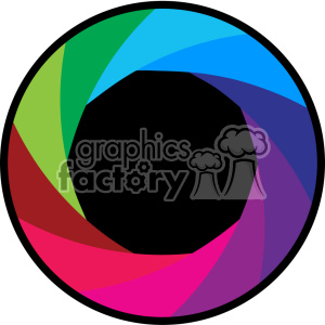 A colorful, circular clipart image resembling a camera aperture. The design features overlapping segments in various colors including green, blue, red, purple, and pink, forming a circular pattern with a black center.