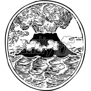 Black and white clipart of an erupting volcano surrounded by the sea. Large plumes of smoke and ash are billowing from the volcano's crater.
