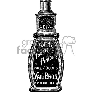 A vintage black and white clipart image of a bottle labeled 'Ideal Tooth Powder' by Vail Bros from Philadelphia, priced at 25 cents.
