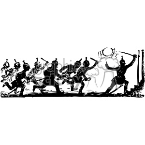 Black and white clipart image of a group of soldiers running with swords and guns, chasing another soldier holding a torch.